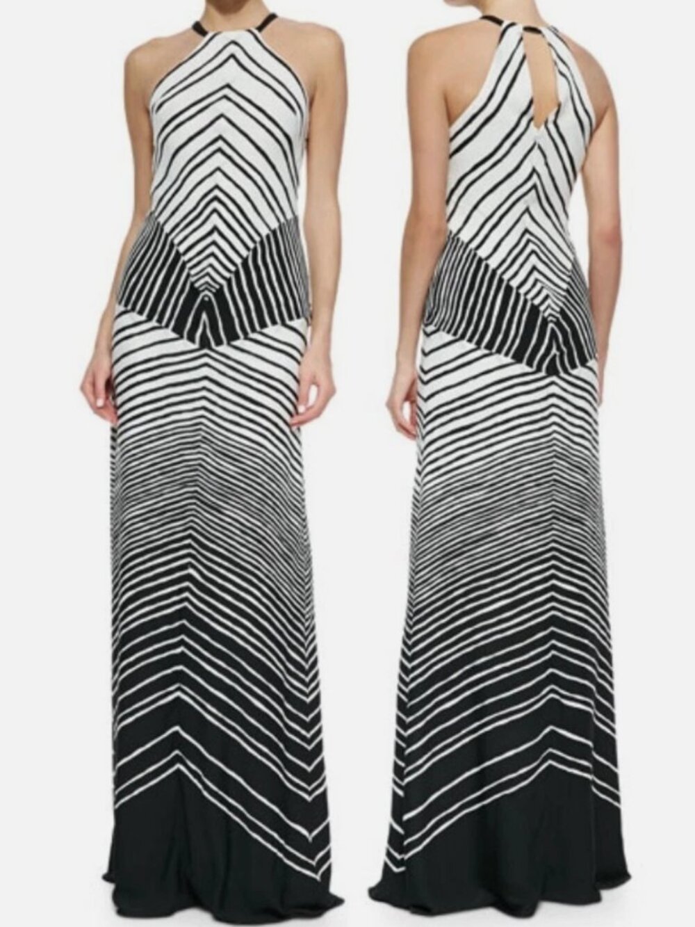 NWT Halston Heritage Size 12 Halter Striped Maxi Dress White Black Stripe